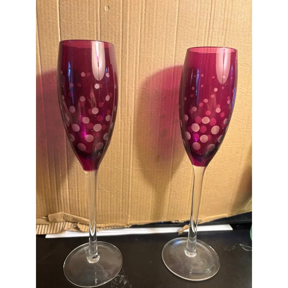 2 Purple CRYSTAL CHAMPAGNE FLUTES POLKA DOTS STRIPES 9.75 INCH 8 OZS